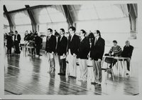 Majstrovská Západoslovenského karaja v karate, rozhodcovský panel, 1983 (uprostred Čulen)